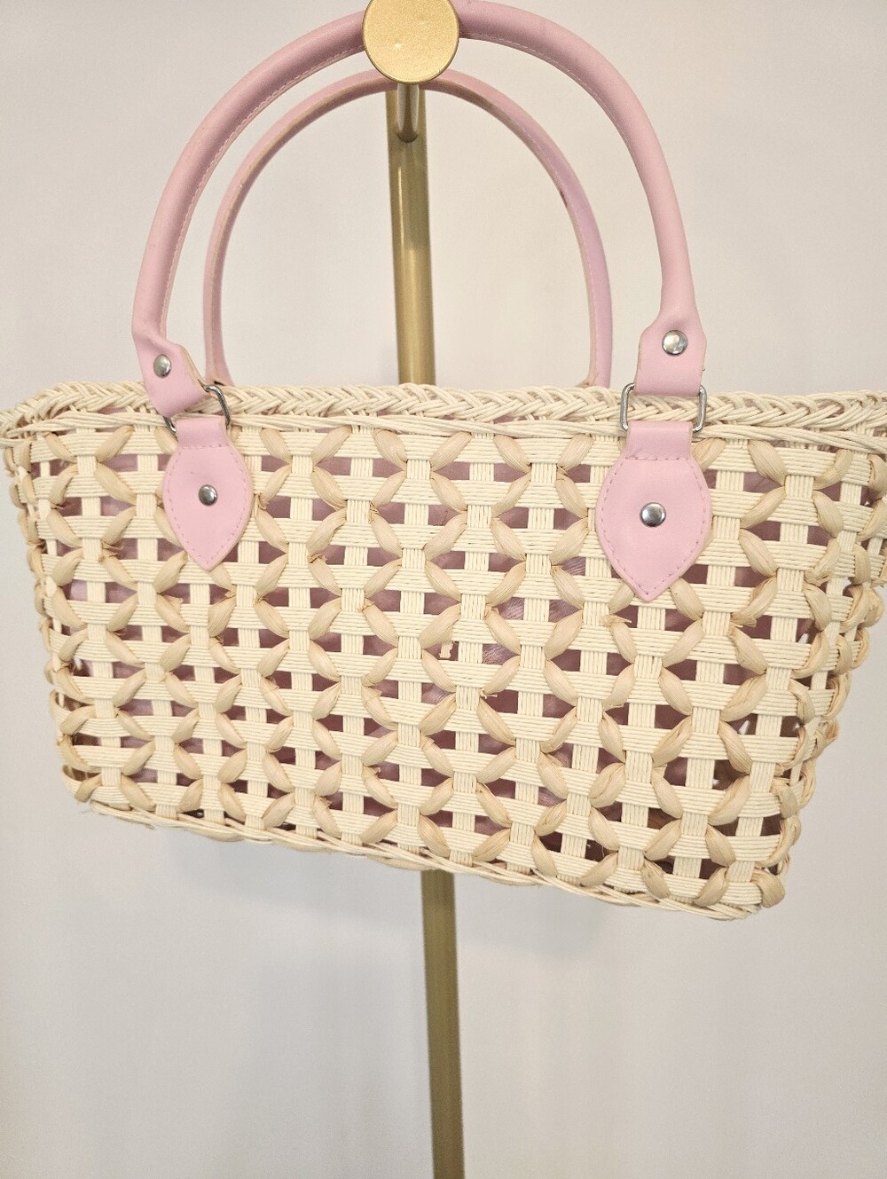 Pink Woven Straw Tote Bag Cottagecore Coquette Beach Basket Picnic Purse Boho